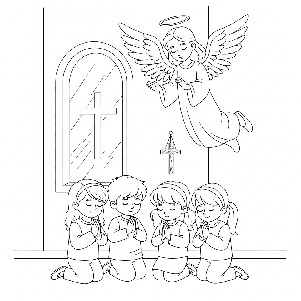 Children Praying with Angel
