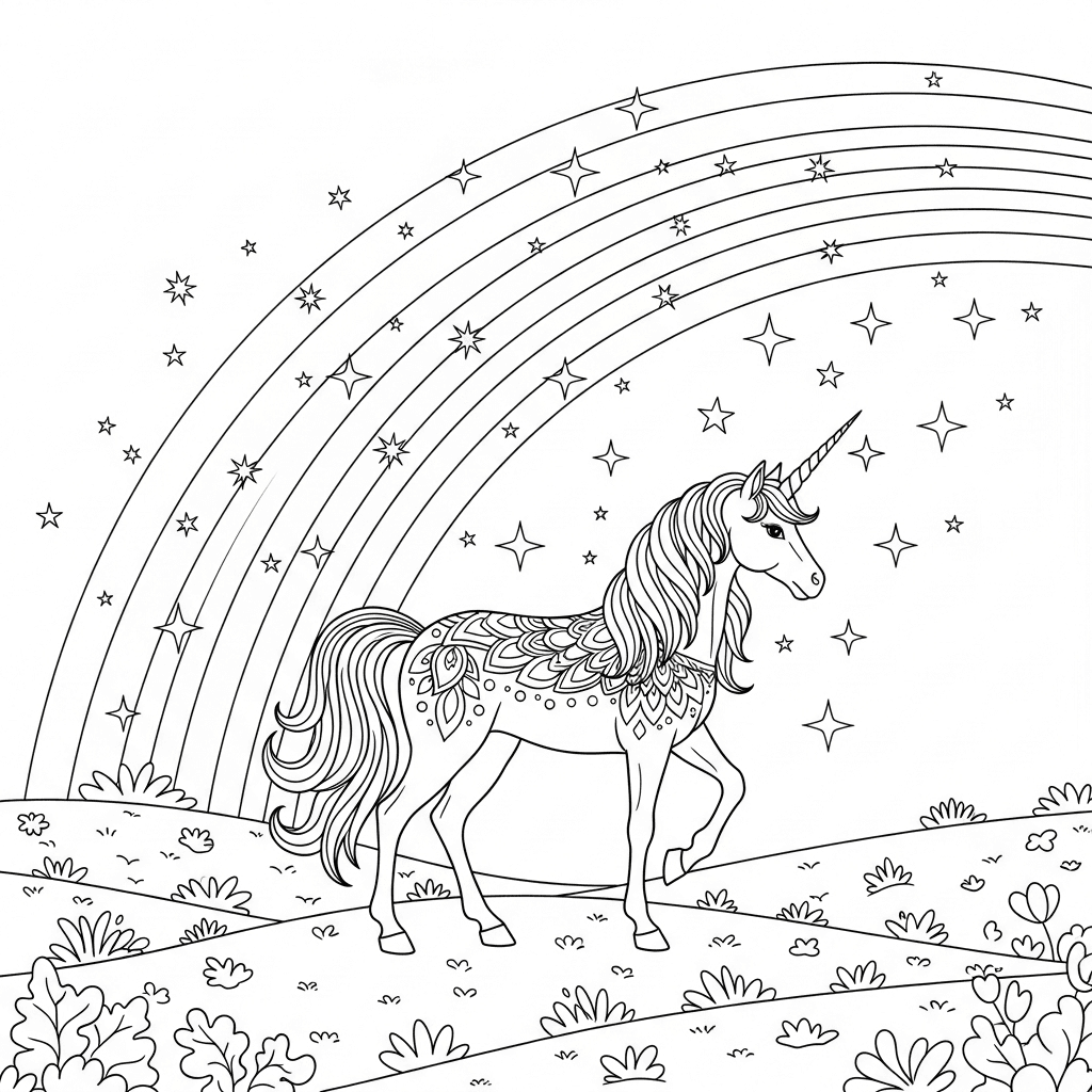 Unicorn Amidst Arched Rainbow