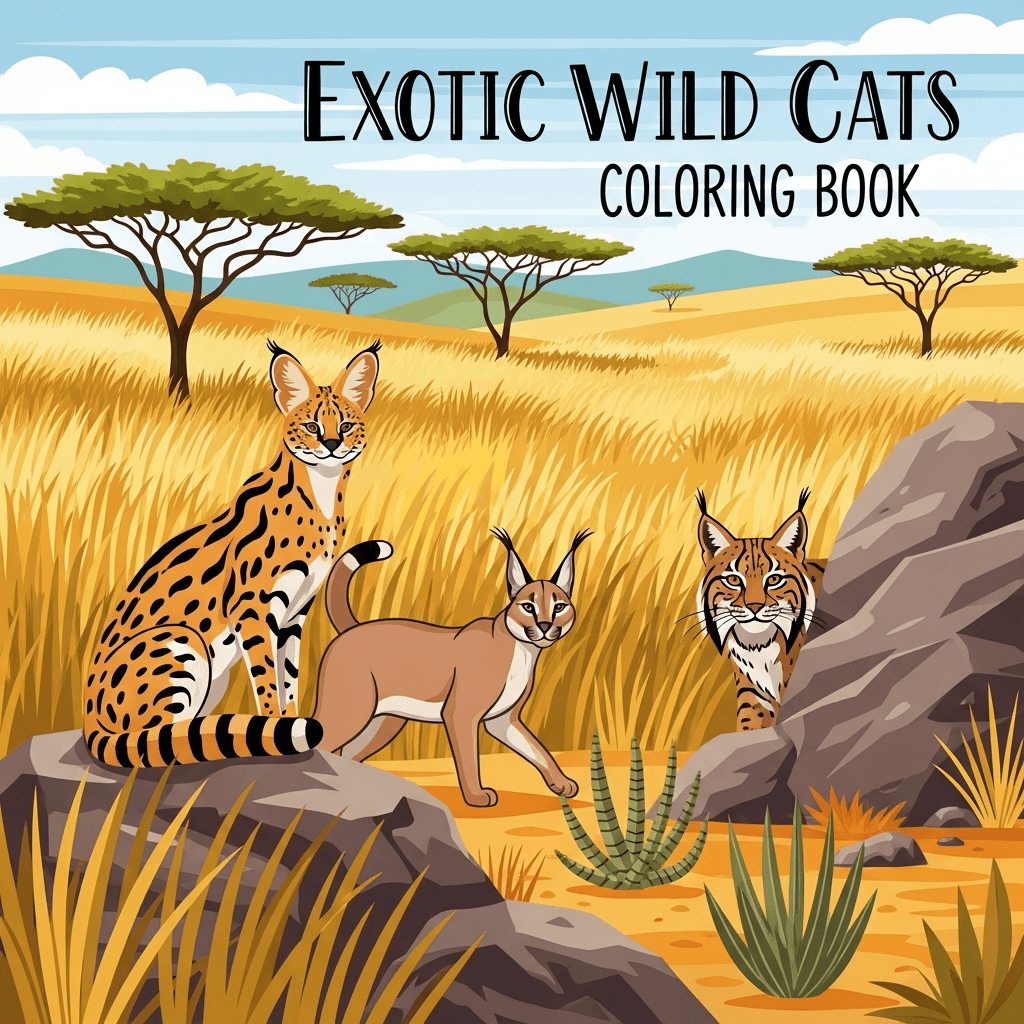 Exotic Wild Cats: Serval, Caracal, and Lynx Coloring Book cover