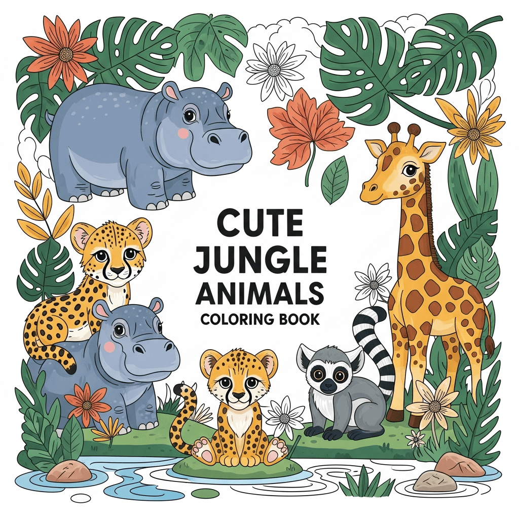 Cute Jungle Animals Coloring Book cover