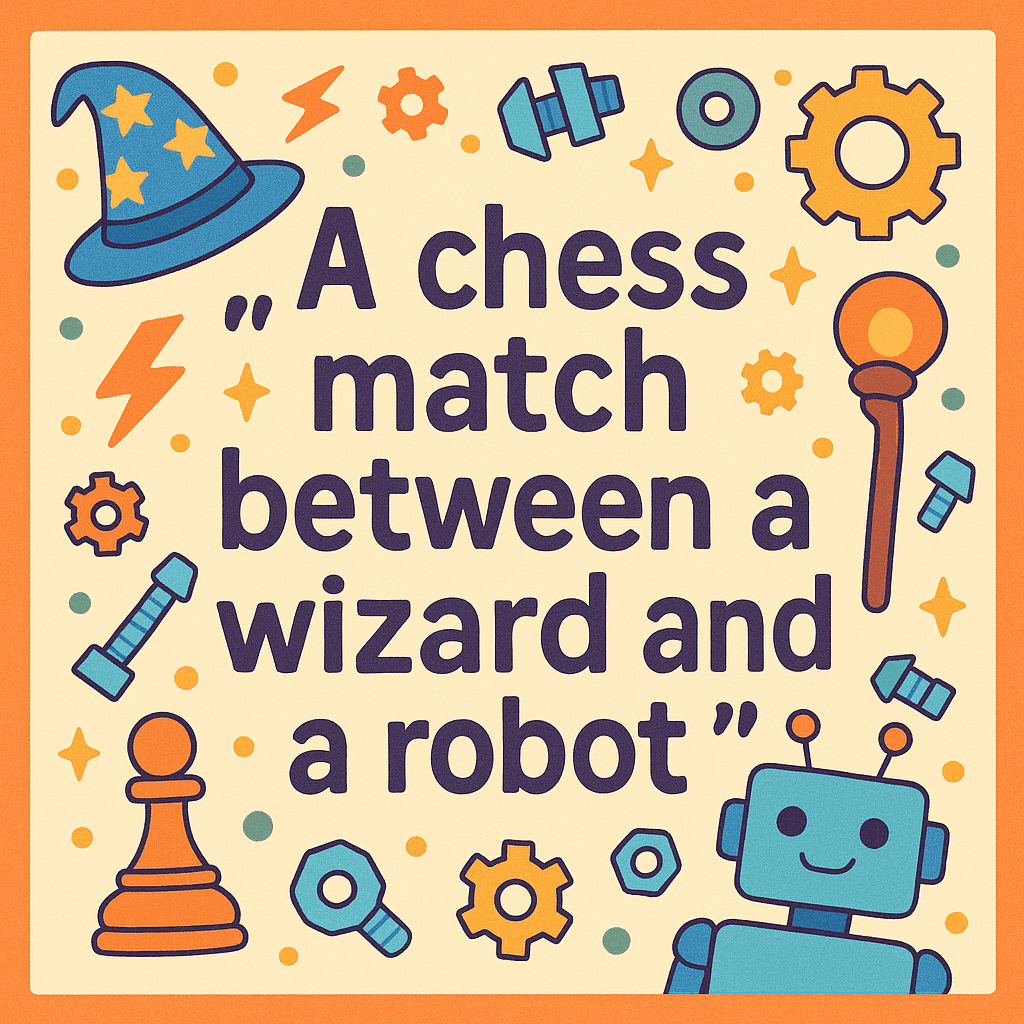 Prompt 'A chess match between a wizard and a robot' with mechanical trinkets, for Coloring.app's AI text-to-coloring generator.